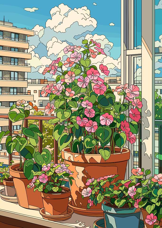 Balcony Garden with Pink Flowers