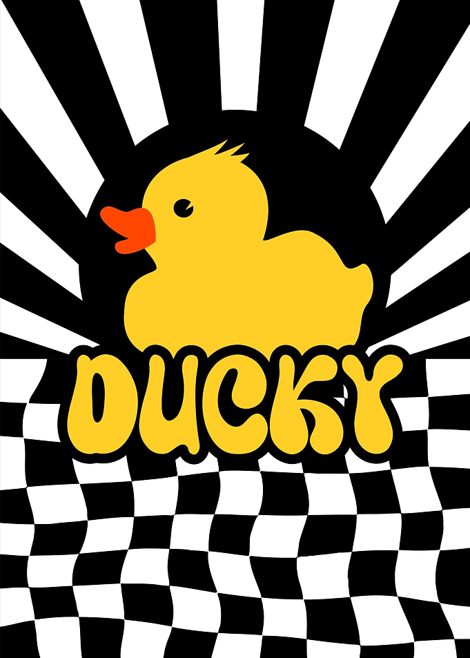 Retro Ducky with Sunburst and Checkered Background