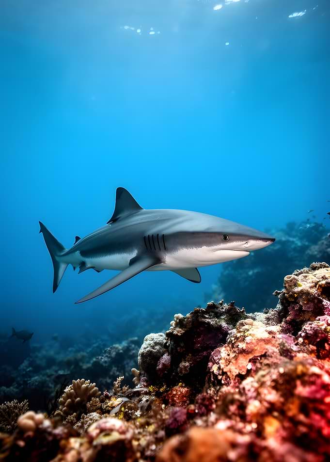 Shark swimming over coral reef