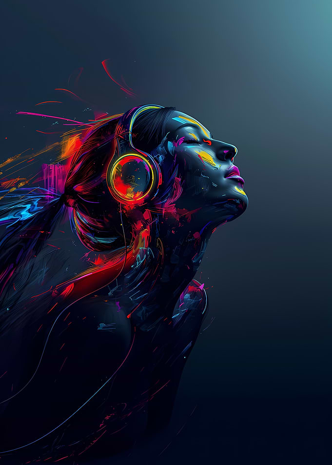Woman Listening to Music with Colorful Splashes