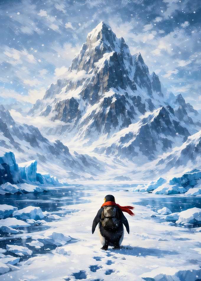 Penguin adventurer in snowy mountains