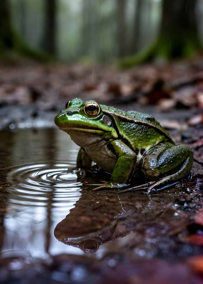 Green frog in a puddle during rain