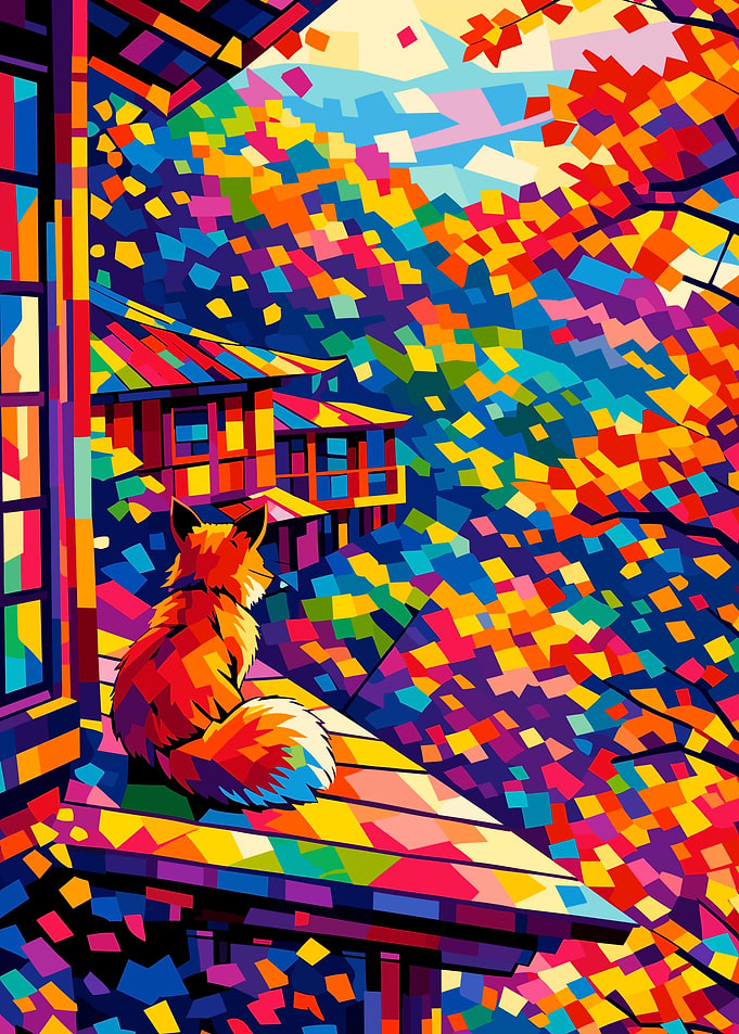 Fox on a Rooftop with Colorful Trees