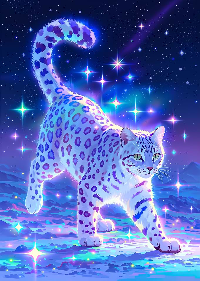 Snow Leopard in a Starry Night