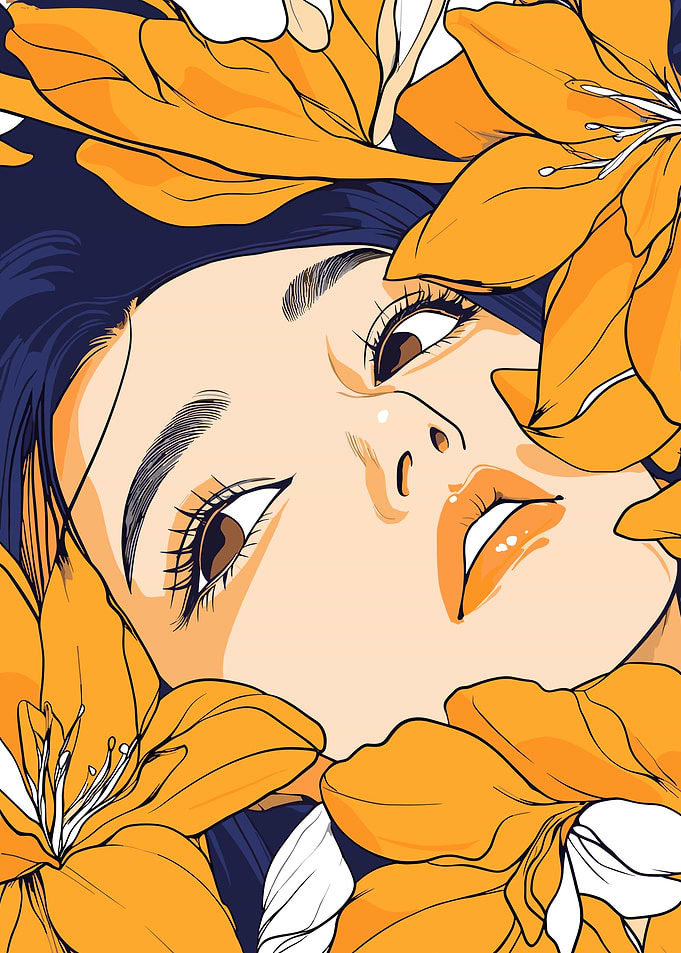 Woman's Face Surrounded by Orange Flowers