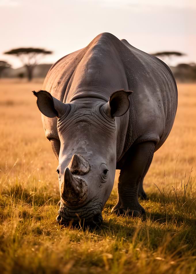 Rhino grazing in golden savanna light