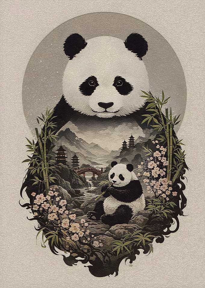 Mother and Baby Panda in Bamboo Forest