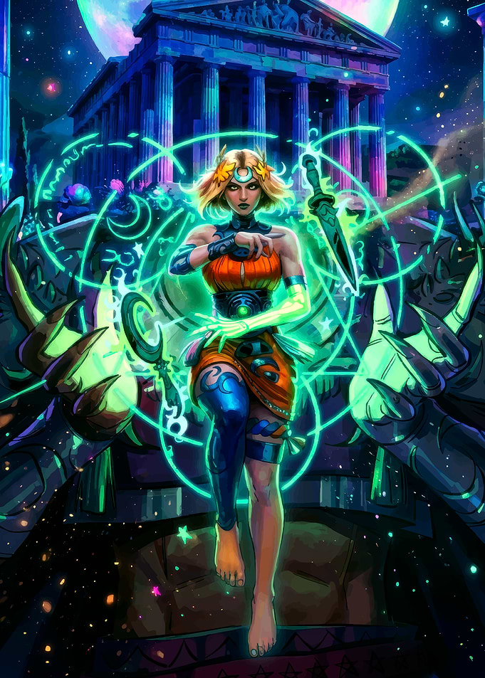 Goddess casting magic in front of temple