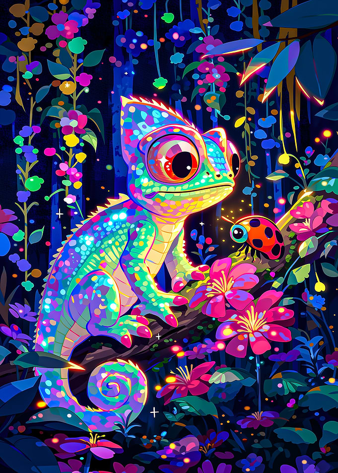 Chameleon and Ladybug in a Magical Forest