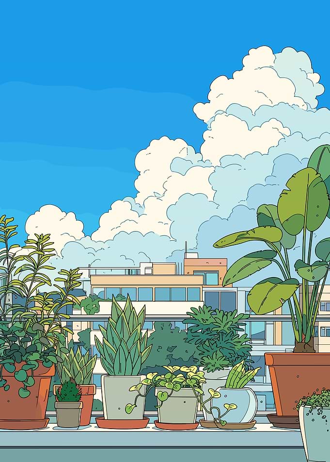 Balcony Garden with Cityscape and Clouds