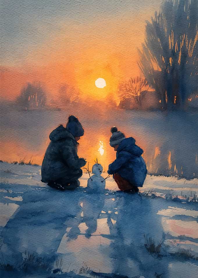 Children building a snowman at sunset