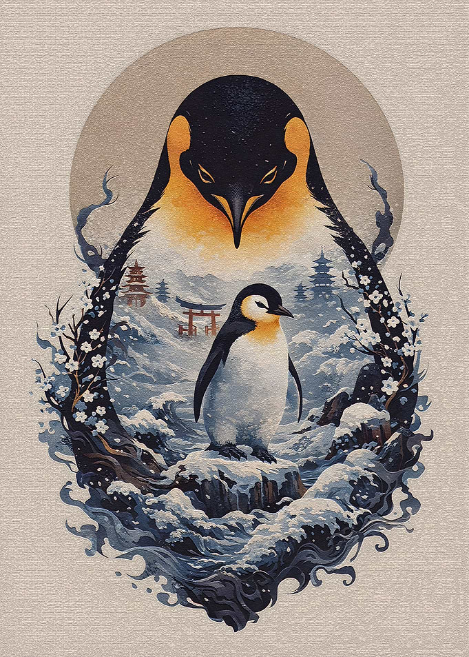 Penguin Family in Snowy Landscape