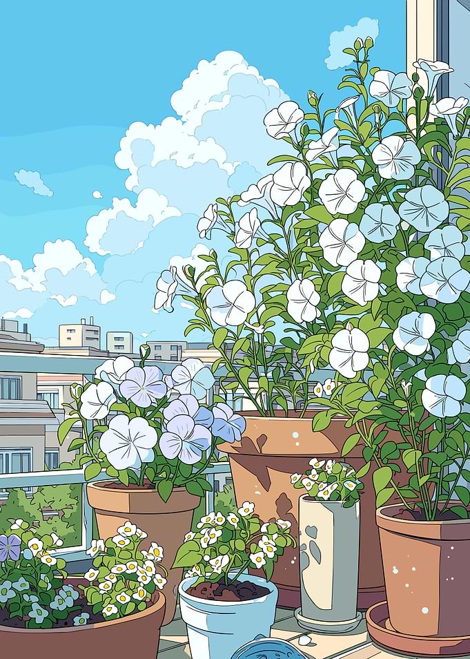 Balcony Garden with White and Blue Flowers
