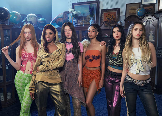 Six young women posing in a vintage room katseye