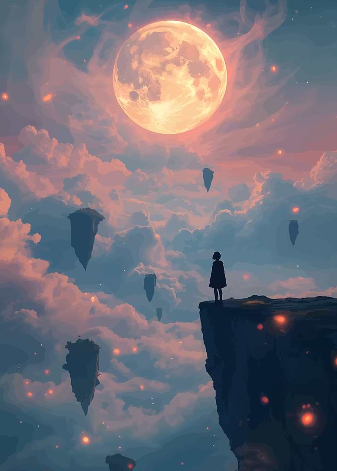 Girl on Cliff Overlooking Floating Islands