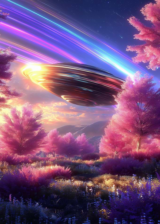 Alien UFO over a Pink Forest