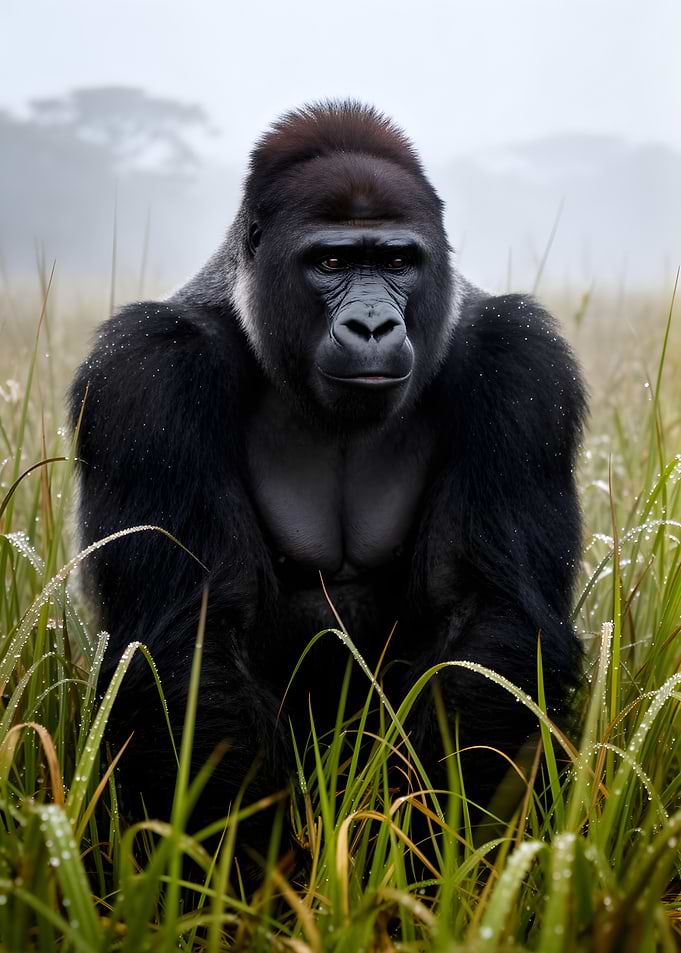 Majestic Gorilla in Misty Grasslands