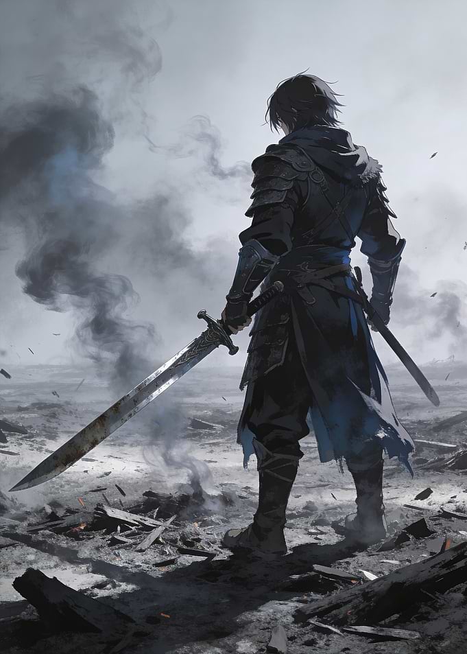 Warrior in a desolate landscape