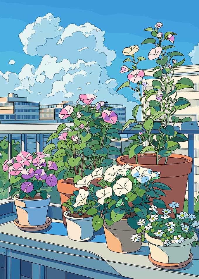 Balcony Garden with Morning Glories
