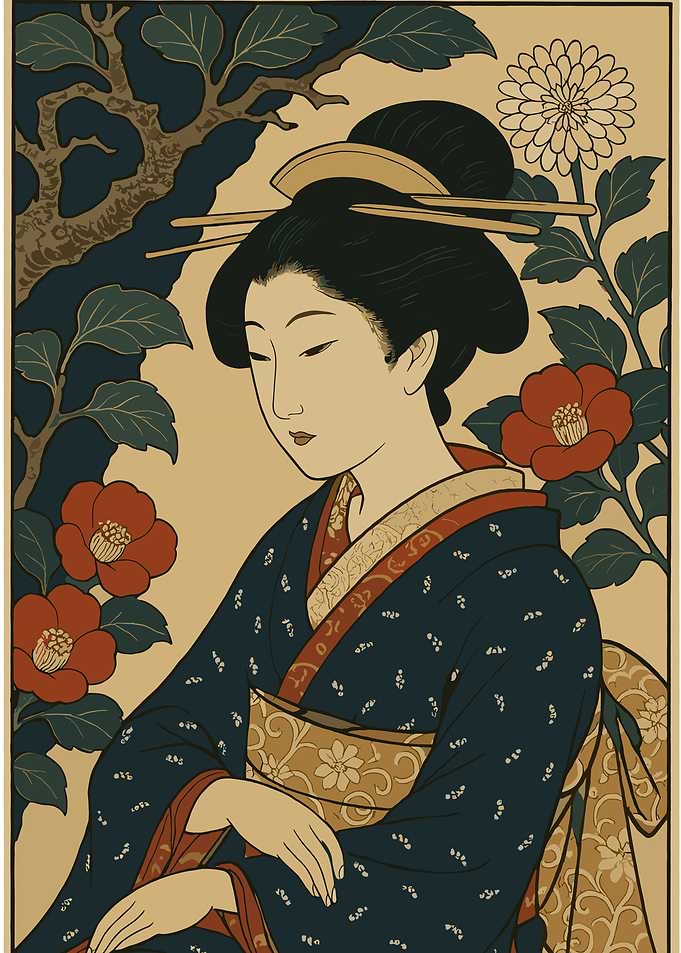 Geisha with Camellias and Chrysanthemum