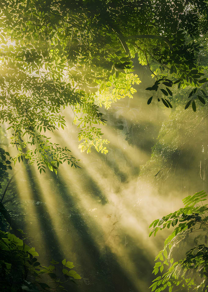 Sunbeams through forest canopy