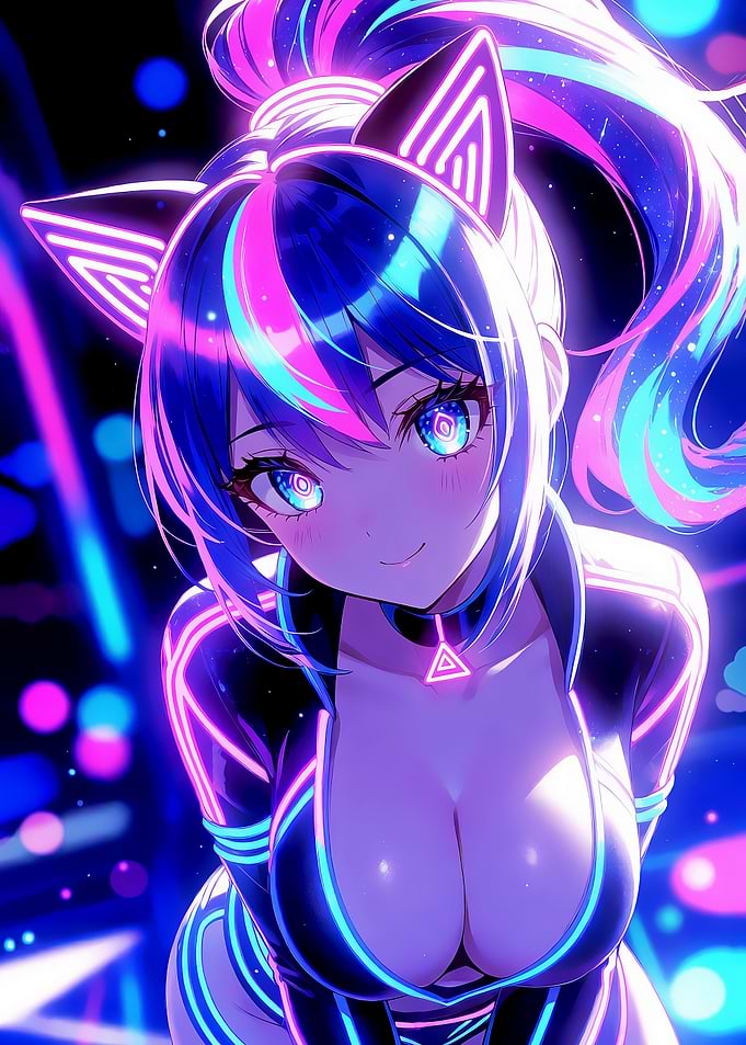 Neon Cat Girl Anime Art