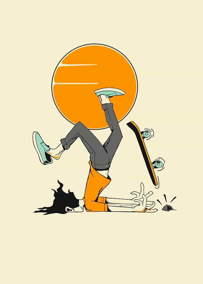 Skateboarder falls during sunset