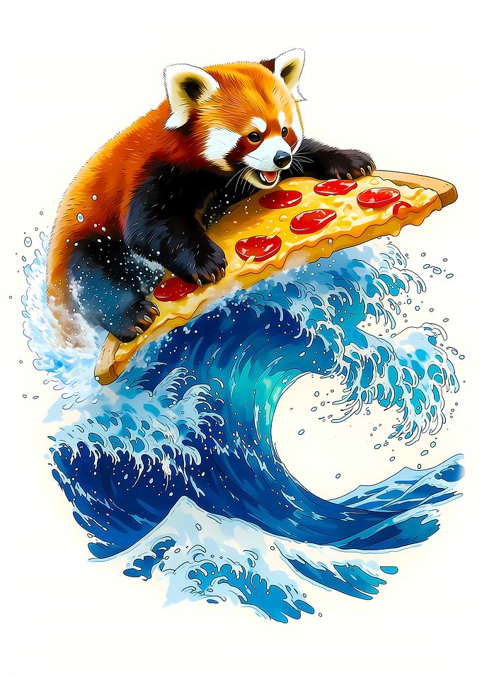 Red Panda Surfing Pizza on Wave