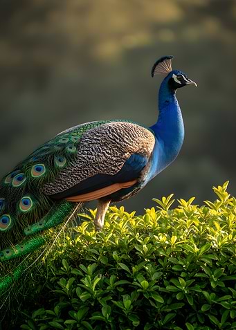 Peacock perched on green foliage