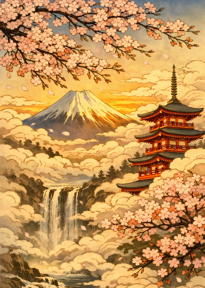 Mount Fuji Pagoda Waterfall Cherry Blossoms
