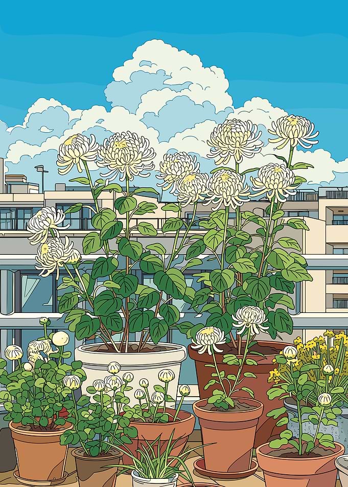 Balcony Garden with Chrysanthemums