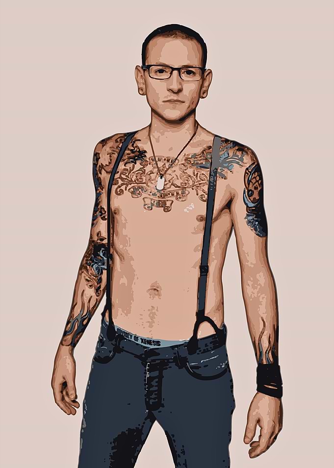 Chester Bennington with Tattoos and Suspenders