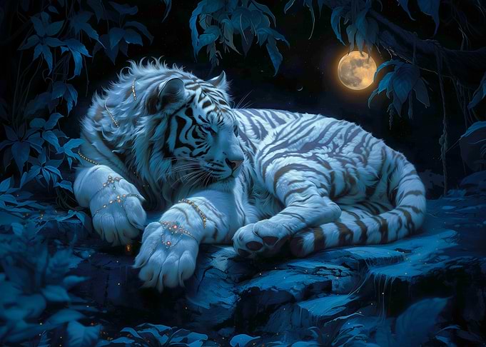 White Tiger Resting Under Moonlight