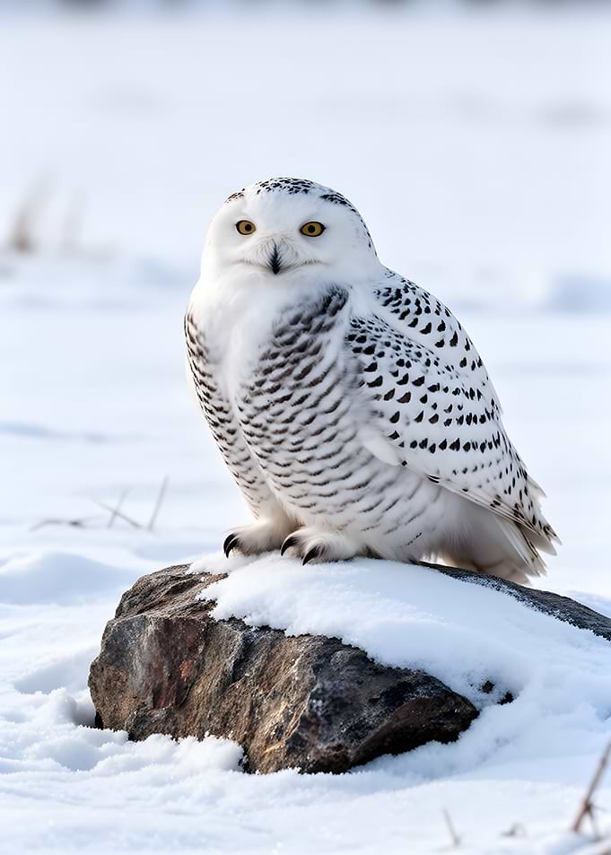 Snowy Owl on a Rock in Snow