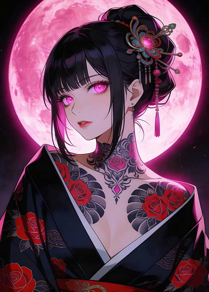 Anime Woman with Rose Tattoos