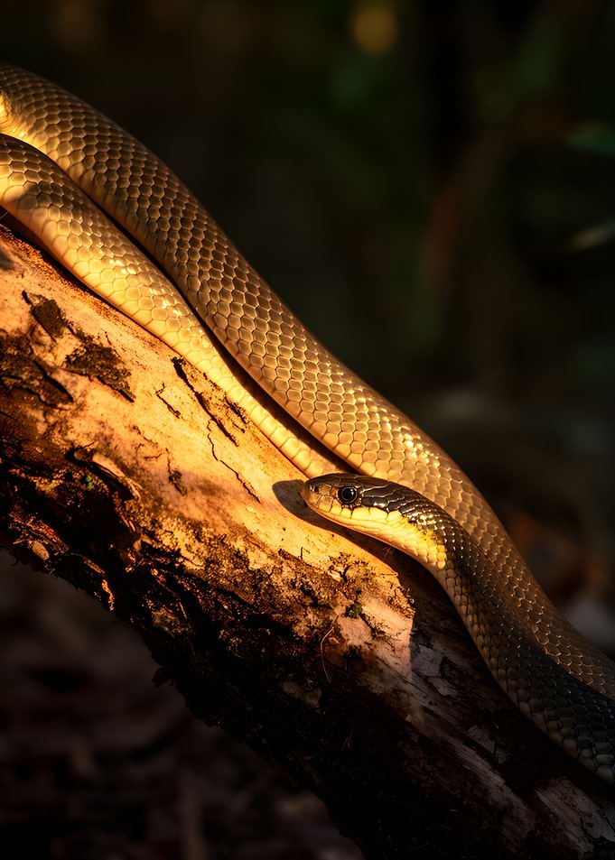 Snake on a log in sunlight