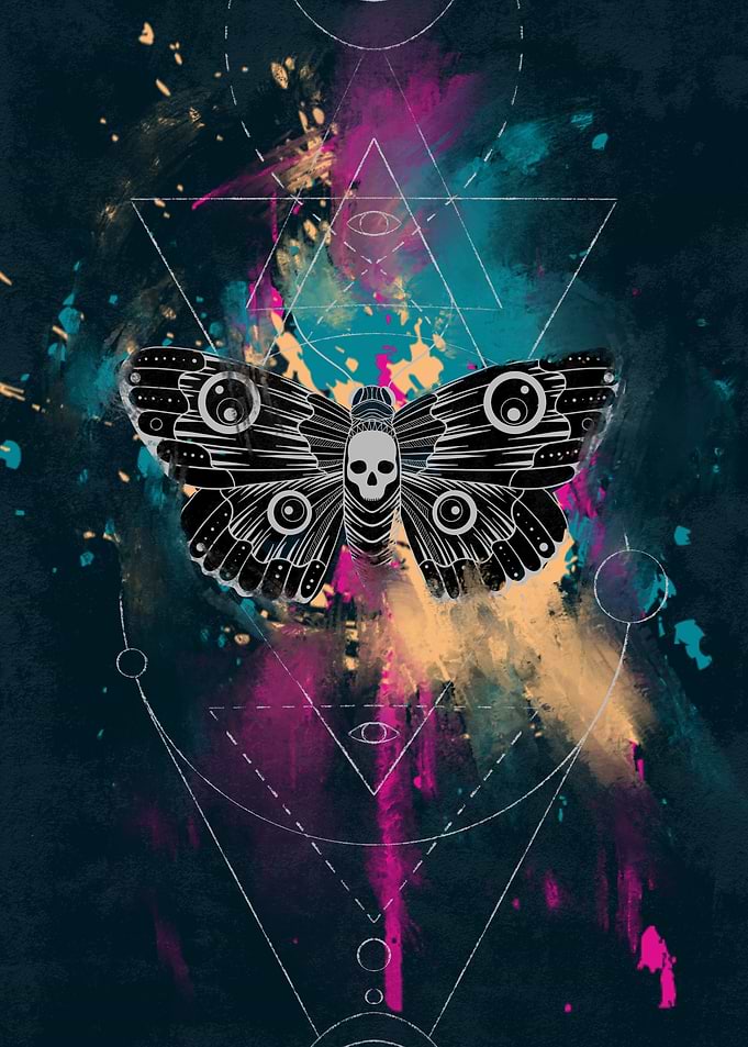 Mystical Moth with Skull and Geometric Patterns