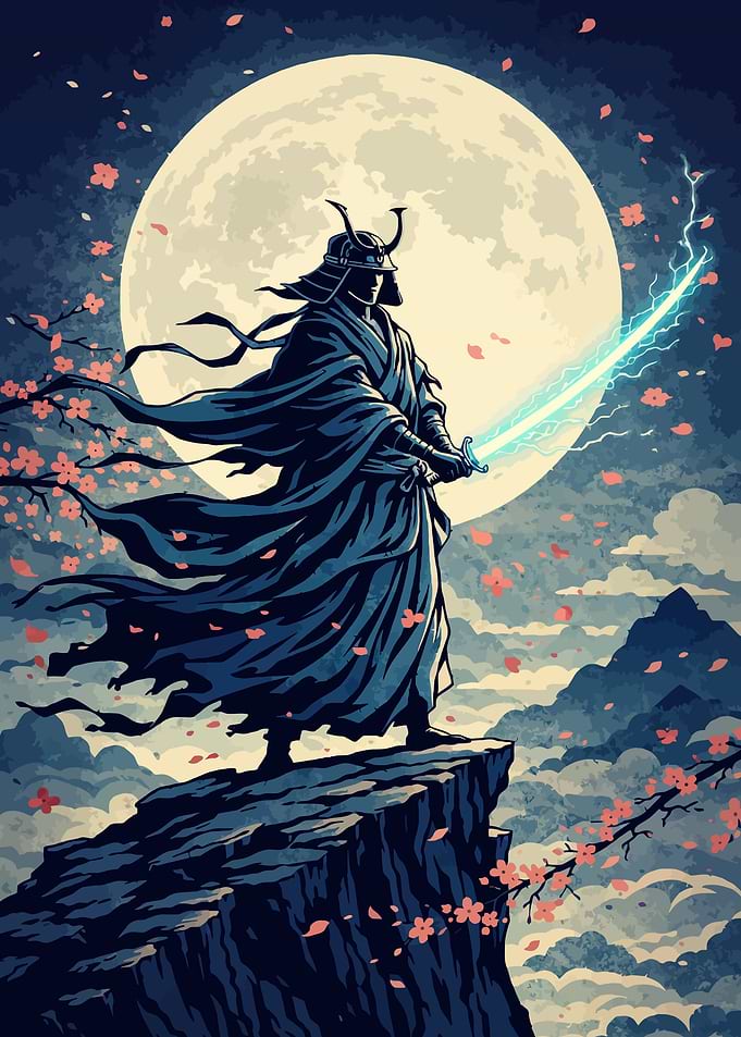 Samurai with glowing sword under the moon