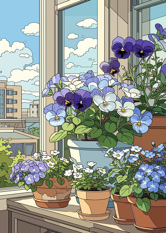 Potted Pansies on a Balcony