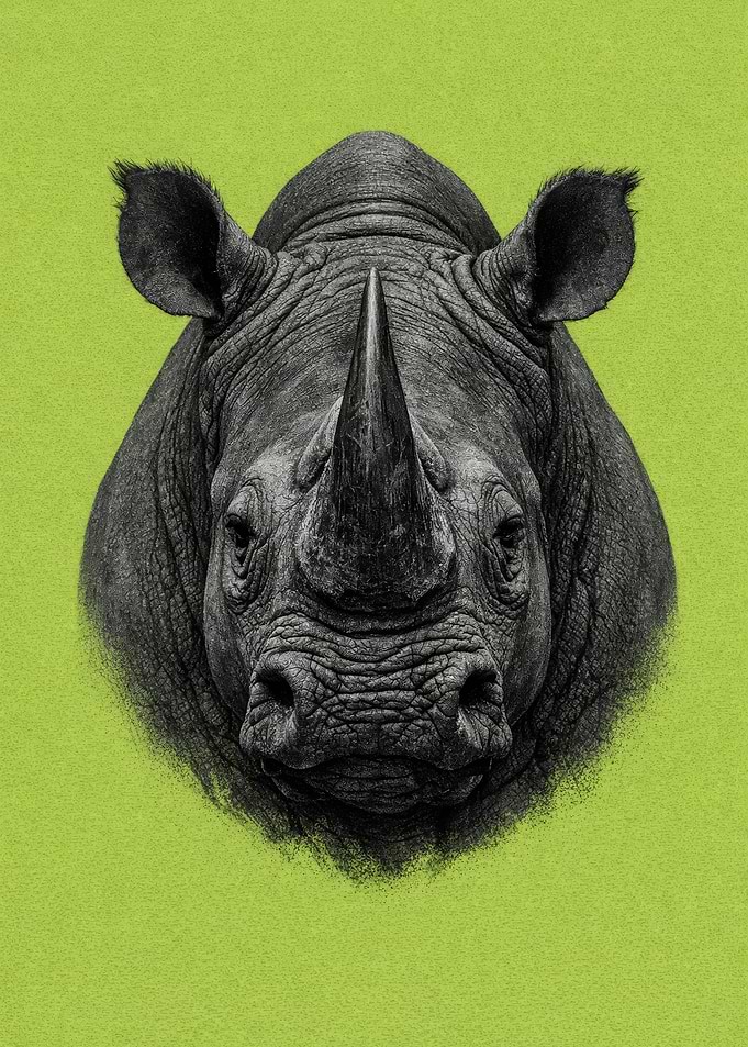 Rhinoceros Portrait on Green Background