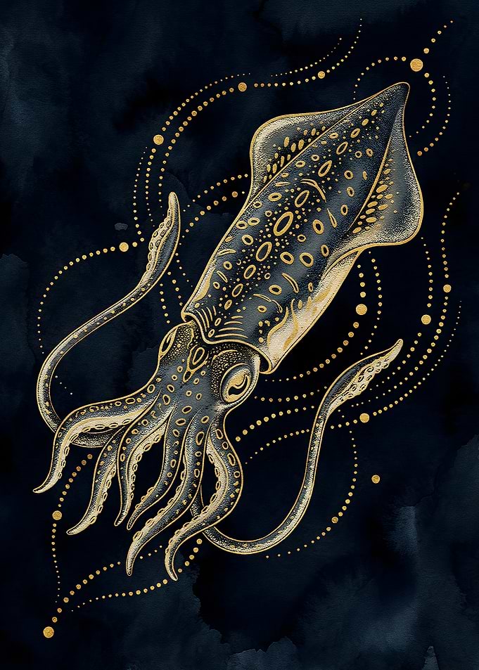 Golden Squid on Dark Background