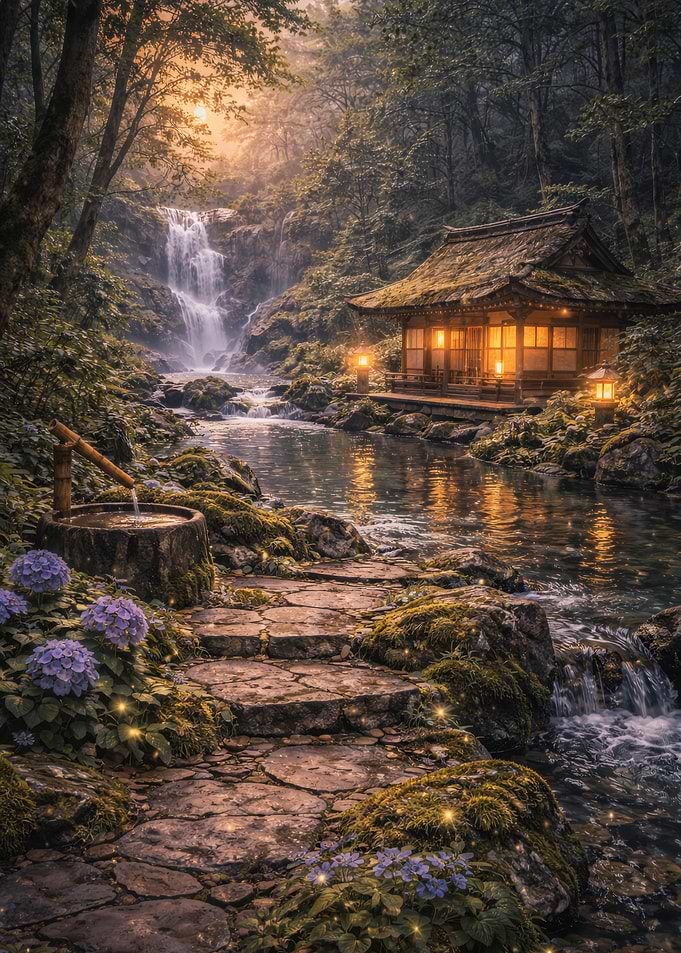 Enchanting Japanese Garden with Waterfall and Tea House