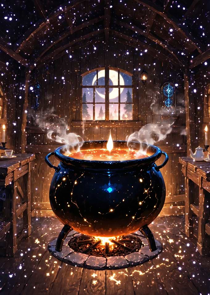 Magical Cauldron with Moonlit Window