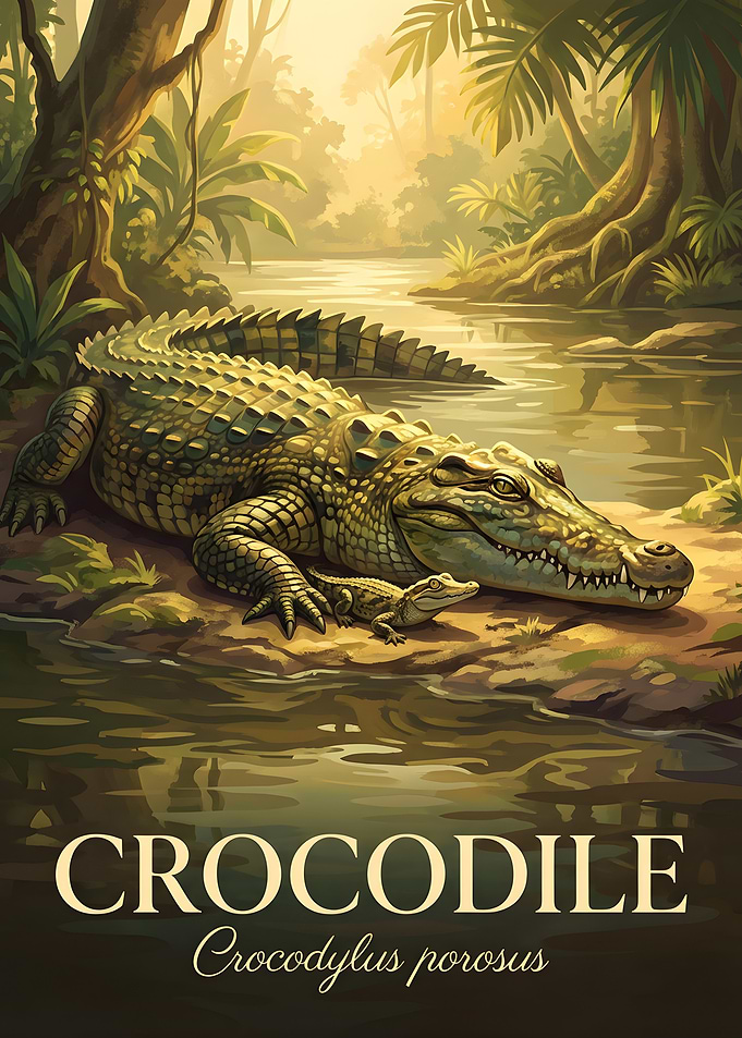 Crocodile and Baby in Jungle River