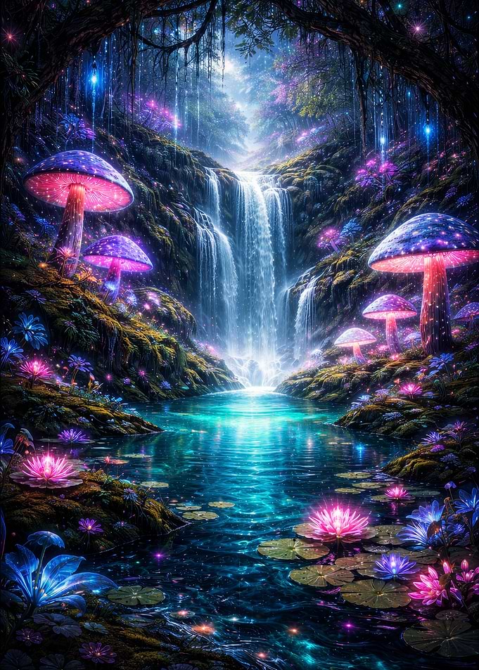 Forest Waterfall with Glowing Mushrooms