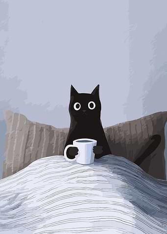 Black cat with coffee in bed