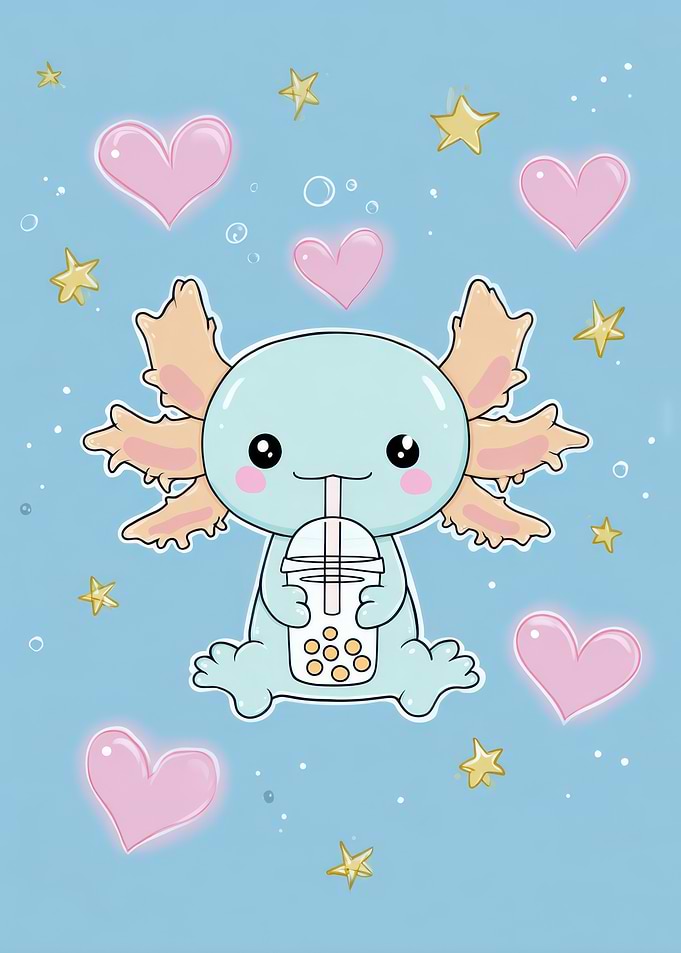 Cute Axolotl Drinking Boba Tea