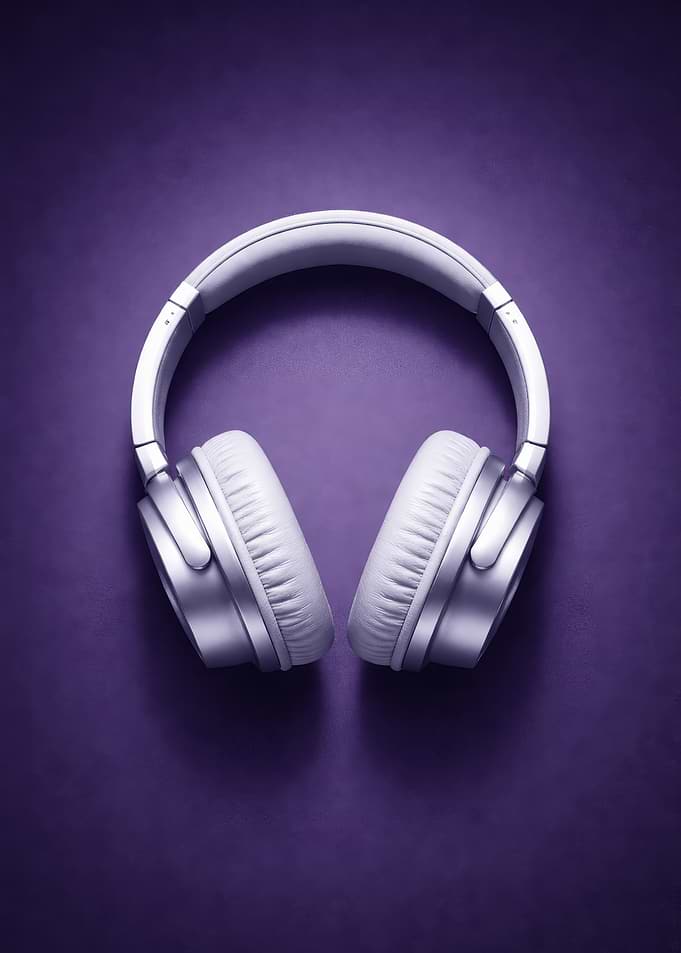 White Headphones on Purple Background