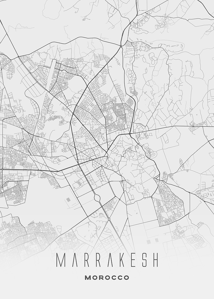 Marrakesh, Morocco - Minimal Black and White City Streets Map, Wall Art Poster