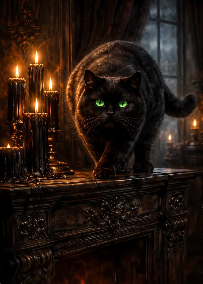 Black Cat Mantelpiece Dark Academia Gothic Prowler Painting
